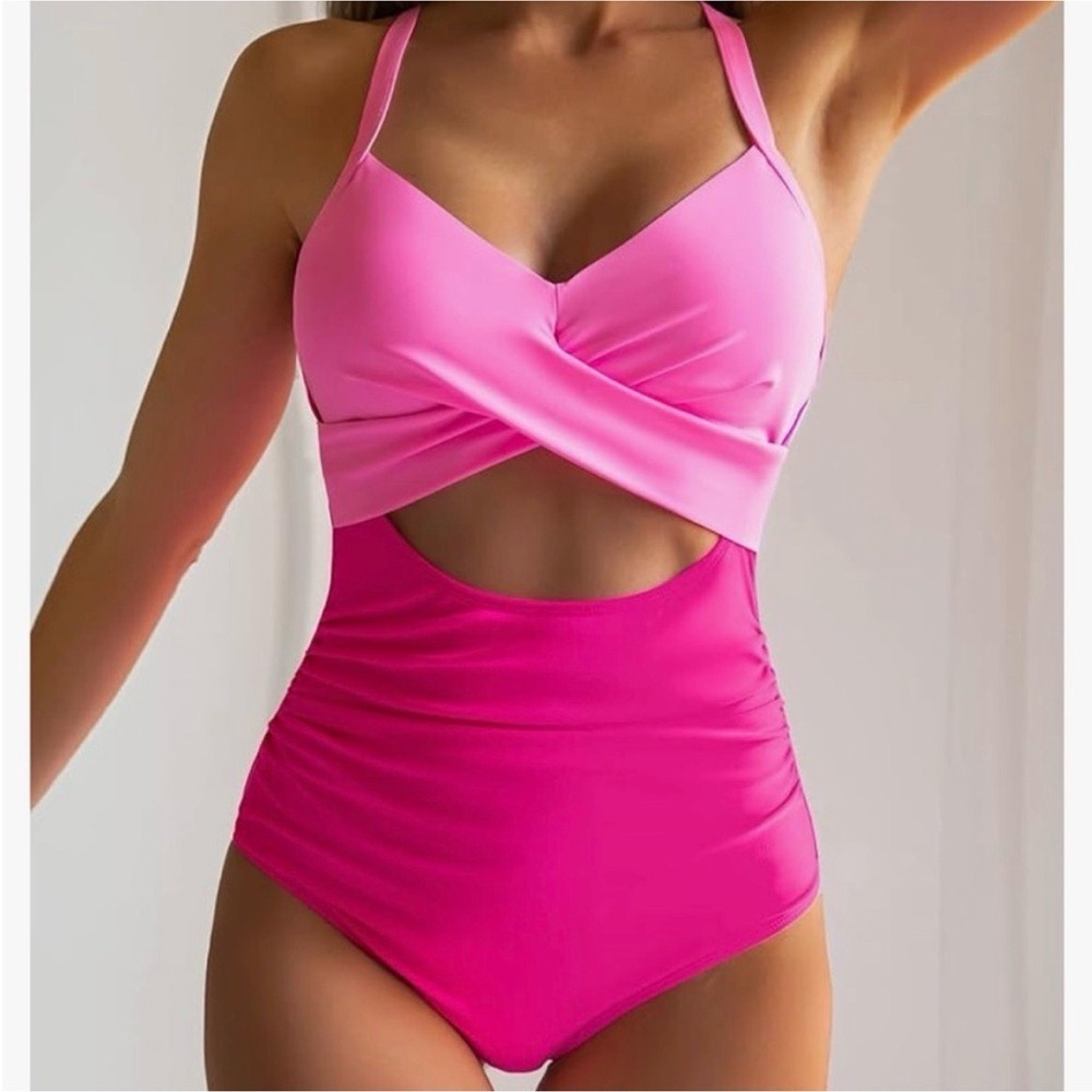 Eomemie One Piece Swimsuit Pink Neon Cutout Halter Tie Back Size L